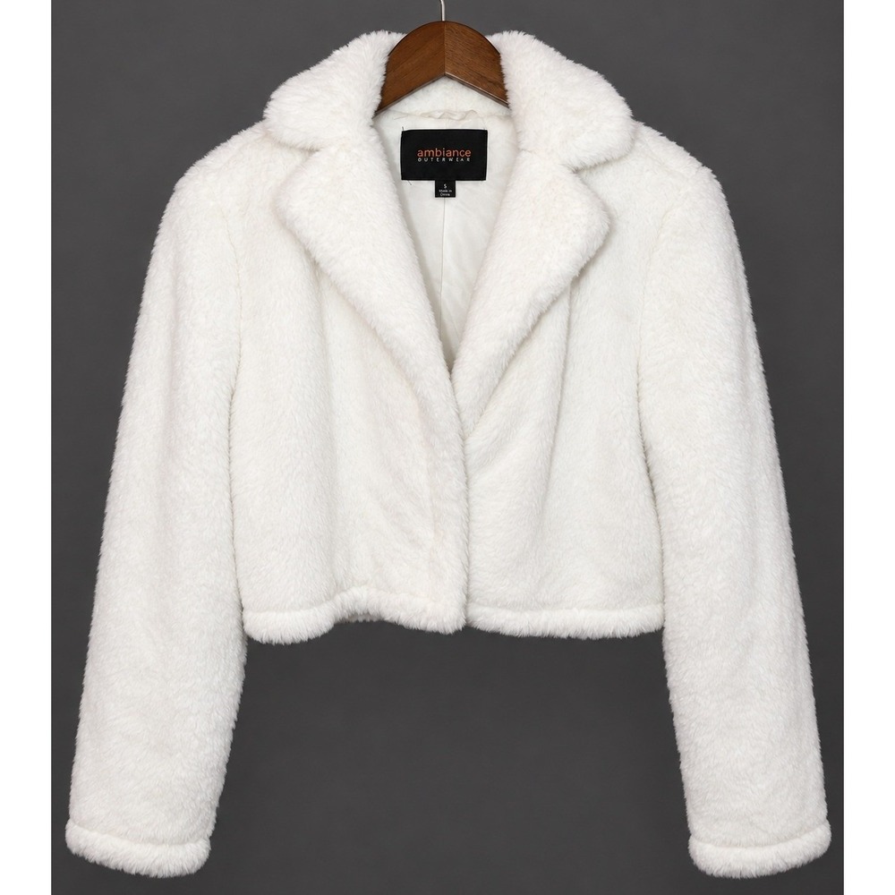 Ambiance Outerwear Women S White Faux Fur Cropped Coat Plush Winter Jacket Shrug